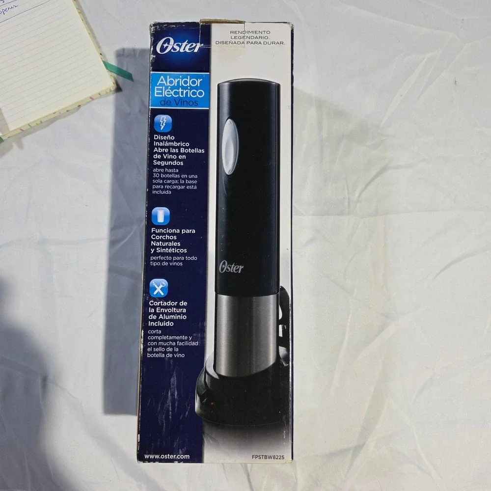 Oster Electric Wine Bottle Opener Cordless Rechargeable Black Silver FPSTBW8225